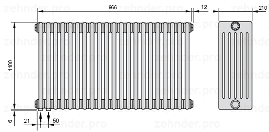 Схема (чертеж) Радиатор Zehnder Charleston 6110/21 №3370 Белый глянцевый RAL 9016